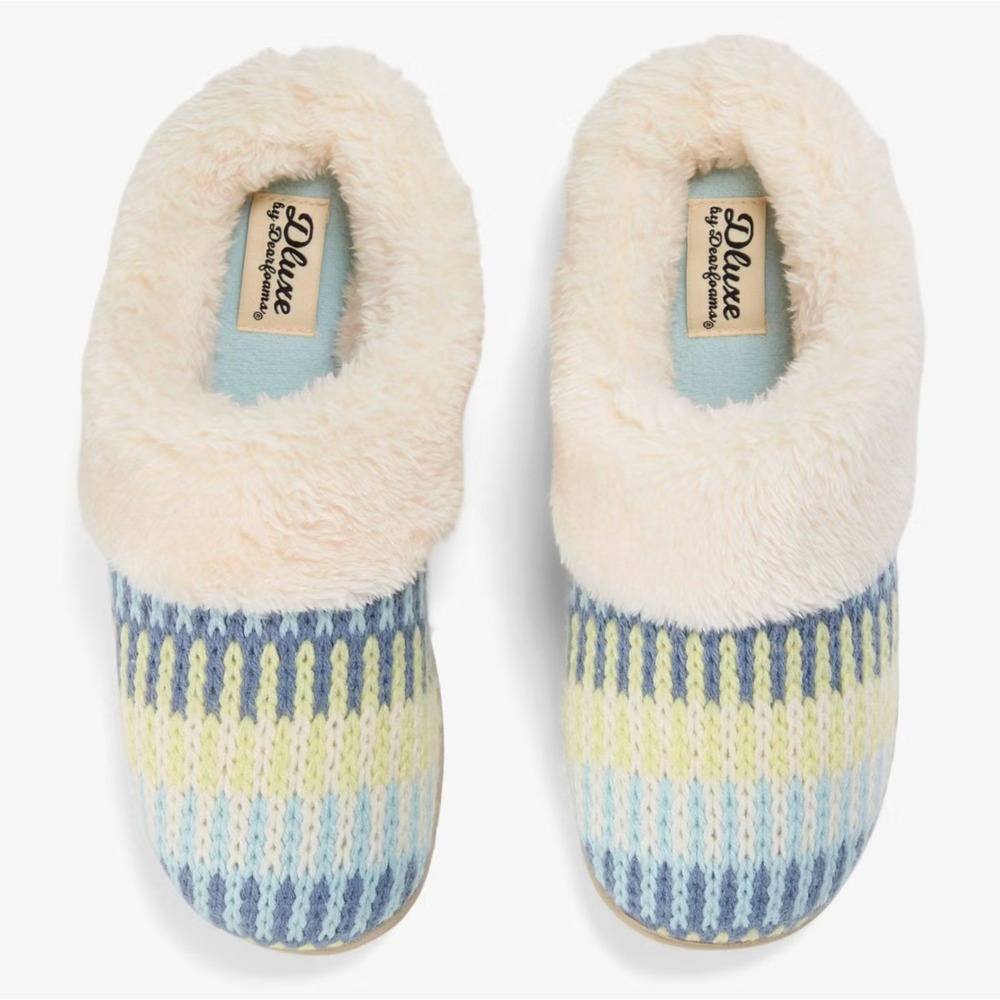 Blue Knit Faux Fur Slippers dluxe by Dearfoams Carol Women's Size M